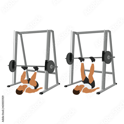 Man doing smith machine leg press exercise or reverse squat. Flat vector illustration isolated on white background