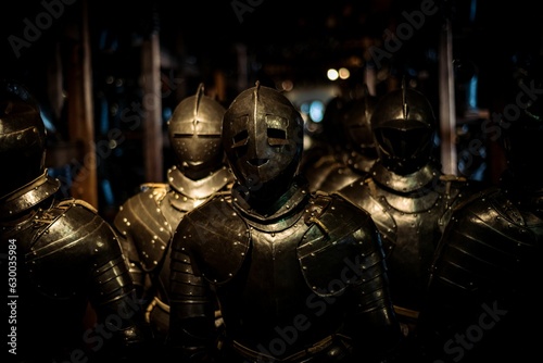 Array of full-sized knights standing in neat rows outdoors in the dark