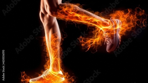Legs of a jogger seen from the side with the blood flowing through them isolated on black. energy and fire