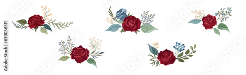 Flower Compositions with Red Rose and Floral Leafy Branches Vector Set