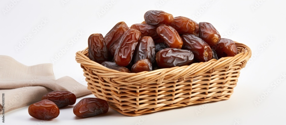 a collection of royal dates in a basket, placed on a white background. There is blank space available a collection of royal dates in a basket, placed on a white background. There is blank space available