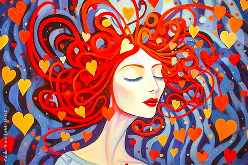 Portrait d'une femme avec une multitude de cœurs rouges autour de sa tête - Femme amoureuse, femme aimée - Concept de l'amour - Générative ia
