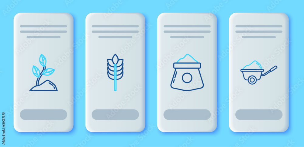 Set line Cereals with rice, wheat, corn, oats, rye, Bag of flour, Sprout and Wheelbarrow dirt icon. Vector