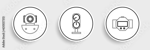 Set line Diving watch, Aqualung and Gauge scale icon. Vector