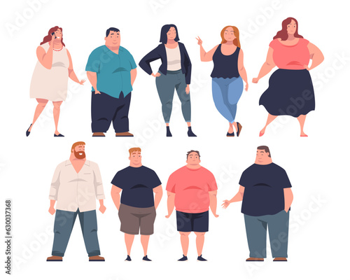 Full People Character with Plump Body Standing and Smiling Vector Set