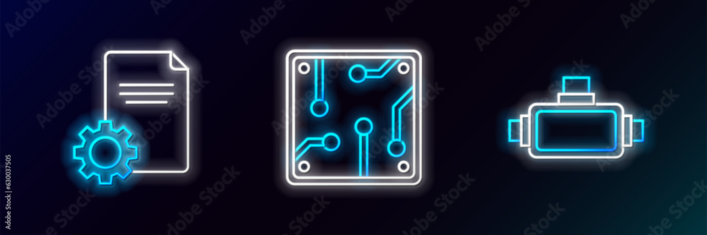 Set line Virtual reality glasses, File document and Processor icon. Glowing neon. Vector Set line Virtual reality glasses, File document and Processor icon. Glowing neon. Vector