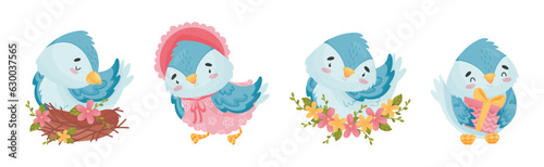 Cute Blue Bird with Wings and Feathers Vector Set photo