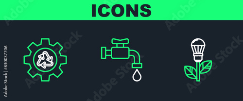 Set line Light bulb with leaf, Recycle symbol and gear and Water tap icon. Vector