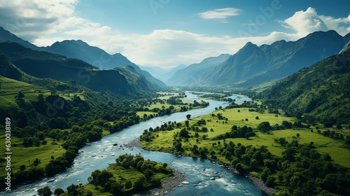 An aerial picture of a river in a lush  tropical forest with mountains in the distance..