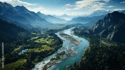 An aerial picture of a river in a lush, tropical forest with mountains in the distance..