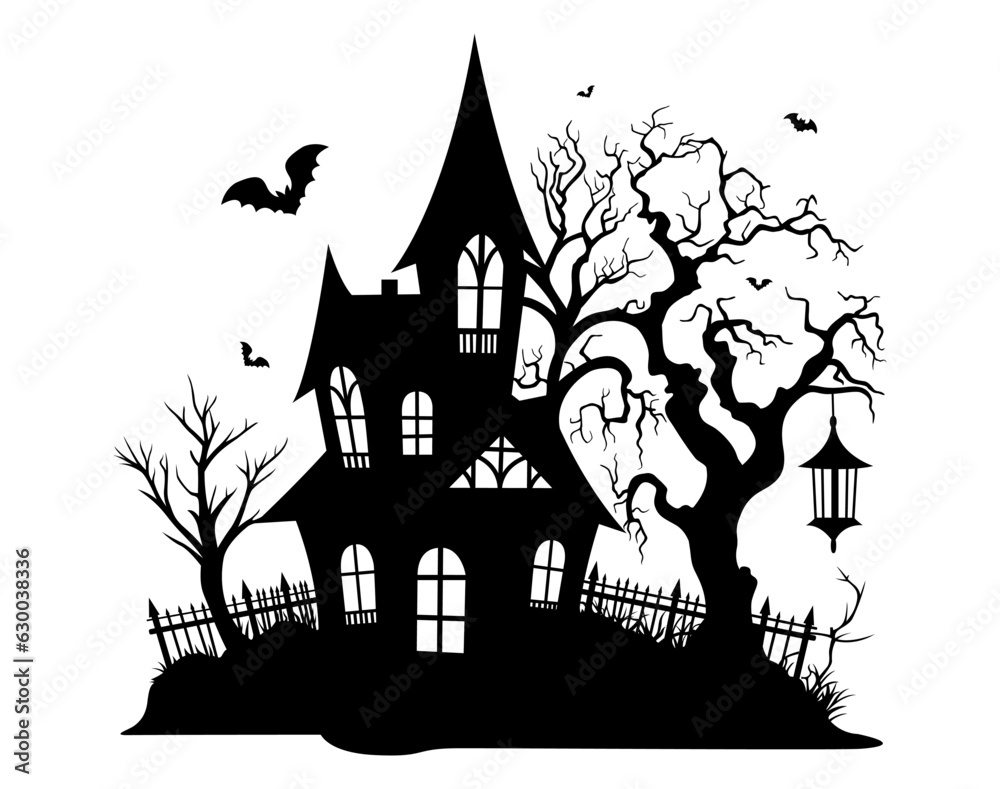 Halloween illustration with silhouette of house and dead trees, bats. Vector illustration. Halloween illustration with silhouette of house and dead trees, bats. Vector illustration.