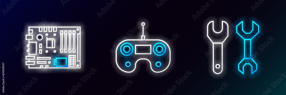 Set line Spanner, Electronic computer components motherboard digital chip and Remote control icon. Glowing neon. Vector Set line Spanner, Electronic computer components motherboard digital chip and Remote control icon. Glowing neon. Vector
