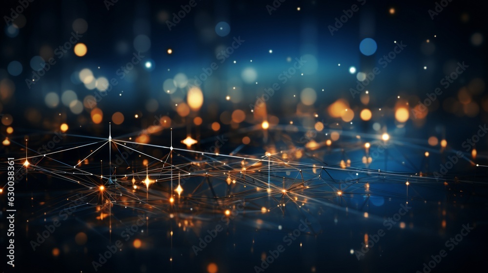 On a blue background, a clock depicts lines and triangles with points connecting a network.. On a blue background, a clock depicts lines and triangles with points connecting a network..