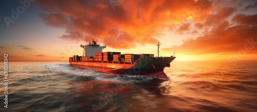 A shipping vessel filled with cargo is sailing in the ocean during a dramatic sunset with copy space