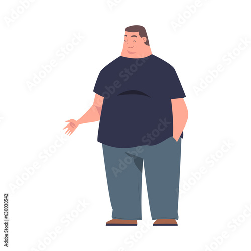 Full Man Character with Plump Body Standing and Smiling Vector Illustration