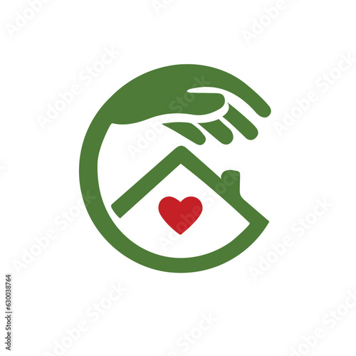 House with heart inside house and caring hand, vector sign.