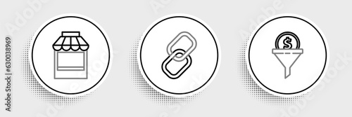 Set line Lead management, Shopping building or market store and Chain link icon. Vector