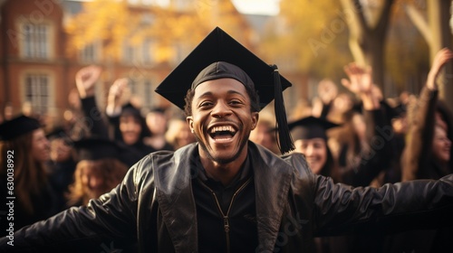 Happy, university, and an African graduate or student celebrating on a campus with a cap in the air.