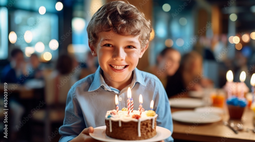 jovial youngster blowing out candles while wearing a party cone.