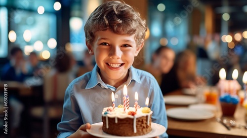 jovial youngster blowing out candles while wearing a party cone.