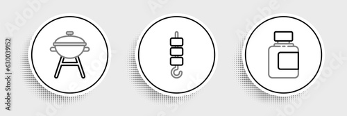 Set line Sauce bottle, Barbecue grill and Grilled shish kebab on skewer stick icon. Vector