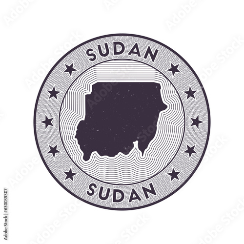Sudan round badge vector. Country round stamp with shape of Sudan, isolines and circular country name. Appealing emblem. Neat vector illustration.