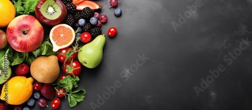 A photograph of fresh fruits and vegetables placed on a grey background, representing healthy eating. © HN Works