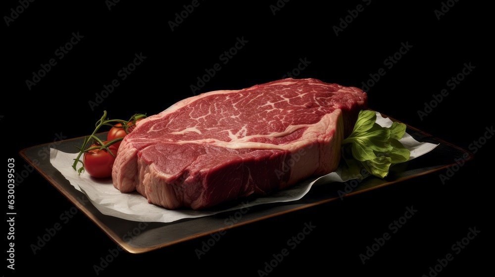 Delicious raw meat fillet steak beef with a tomato and salad with a dark neutral background