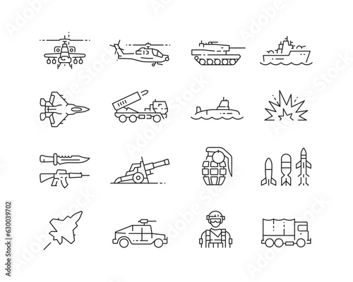 Military Icon collection containing 16 editable stroke icons. Perfect for logos, stats and infographics. Edit the thickness of the line in any vector capable app.