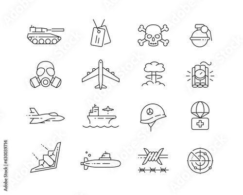 Military Icon collection containing 16 editable stroke icons. Perfect for logos, stats and infographics. Edit the thickness of the line in any vector capable app.