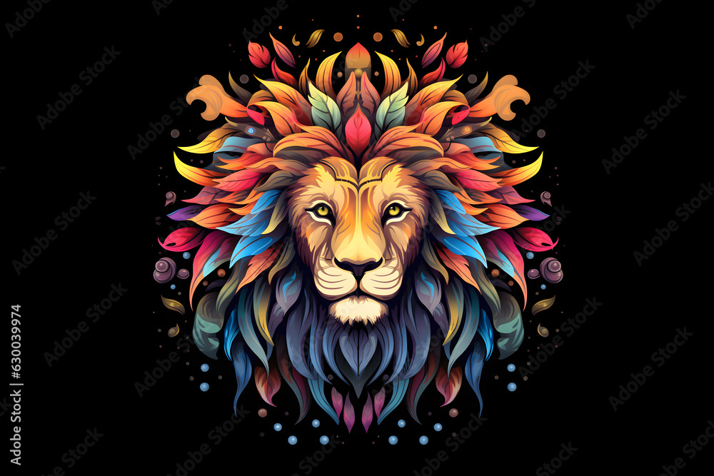 Lion Majesty: Colorful Feathered Fur in Vector Graphic, generative ai