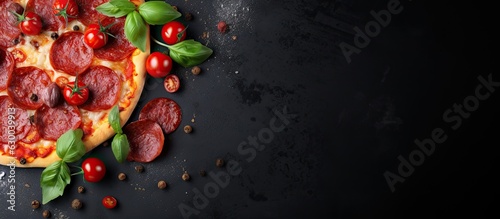 A delicious pepperoni pizza and cooking ingredients such as tomatoes and basil on a black concrete background.