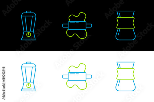 Set line Coffee turk, Blender and Rolling pin on dough icon. Vector