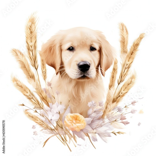 Canvas Print Watercolor illustration of  a dog with a flower in front of it