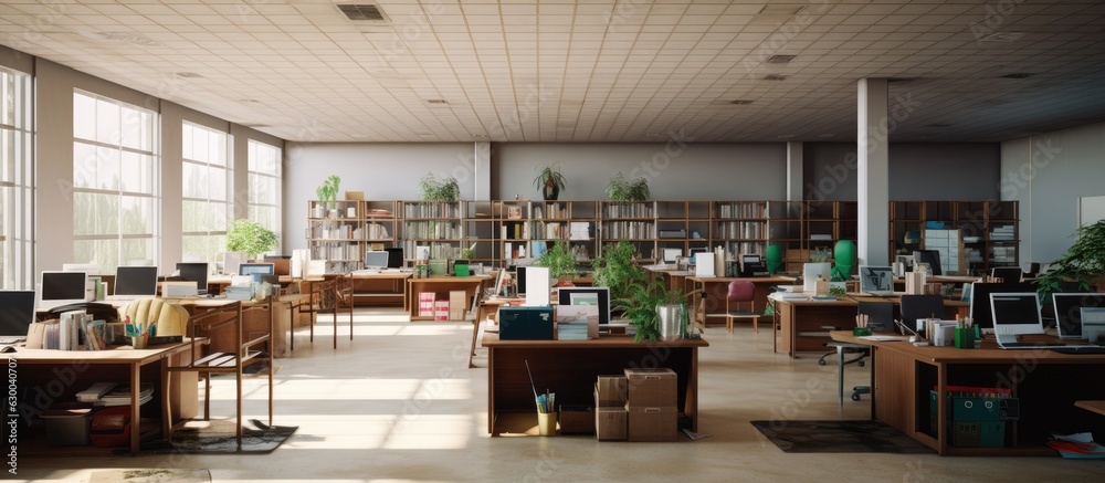 Empty office space filled with furniture, computers, and supplies but no staff present Empty office space filled with furniture, computers, and supplies but no staff present