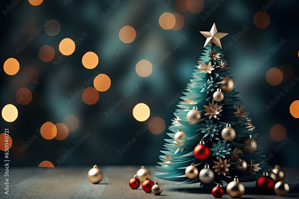 christmas tree with decorations blue background Blurred Shiny Lights, some blurry space for text 