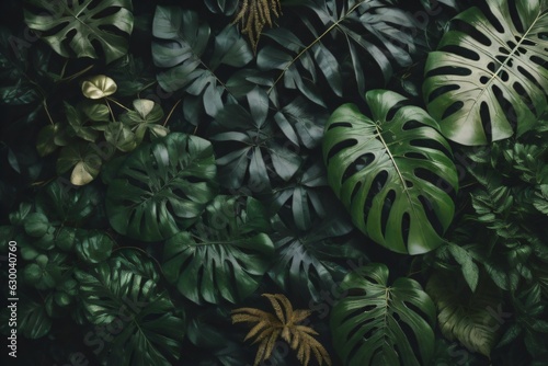 Picture featuring a bush of tropical green foliage plants such as Monstera  fern  and Eucalyptus leaves  highlighted with gold glitter particles. Created with generative AI tools