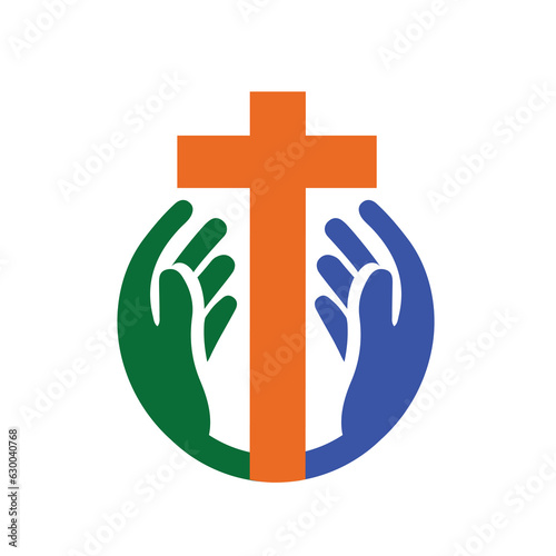 Hands holding Cross, icons or symbols. Religion, Church vector logo
