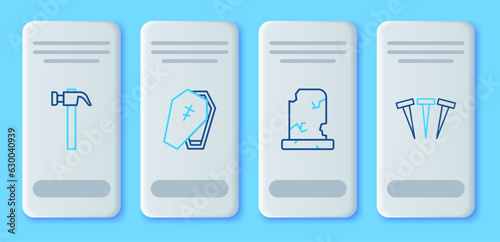 Set line Coffin with cross, Old grave tombstone, Hammer and Metallic nails icon. Vector