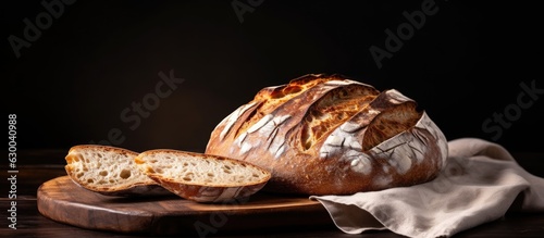 Freshly baked artisan sourdough bread, sliced and placed on a black background with copy space available
