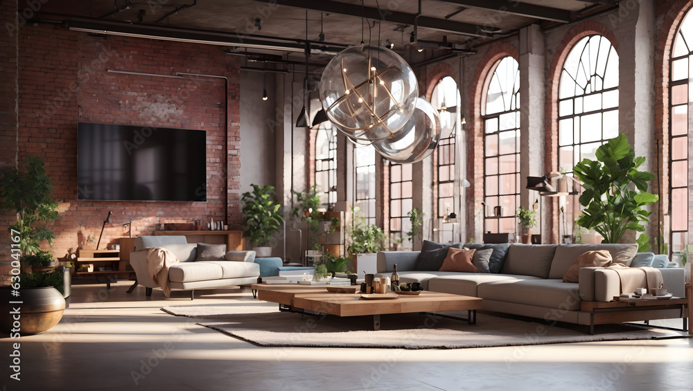 3D Render of Industrial Loft Living Room Interior in an Urban Style