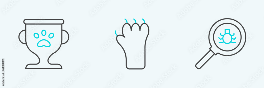 Set line Flea search, Pet award and Paw print icon. Vector Set line Flea search, Pet award and Paw print icon. Vector
