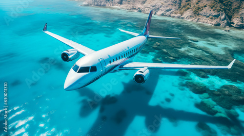 Air plane flying at low altitude over a blue water