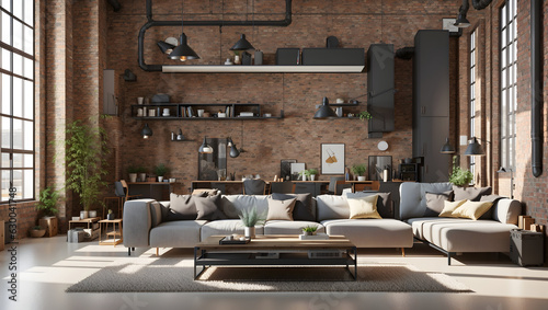 Wallpaper Mural 3D Render of Industrial Loft Living Room Interior in an Urban Style Torontodigital.ca