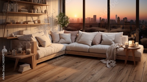 Living room interior of furnished apartment cozy couch sofa wooden flooring