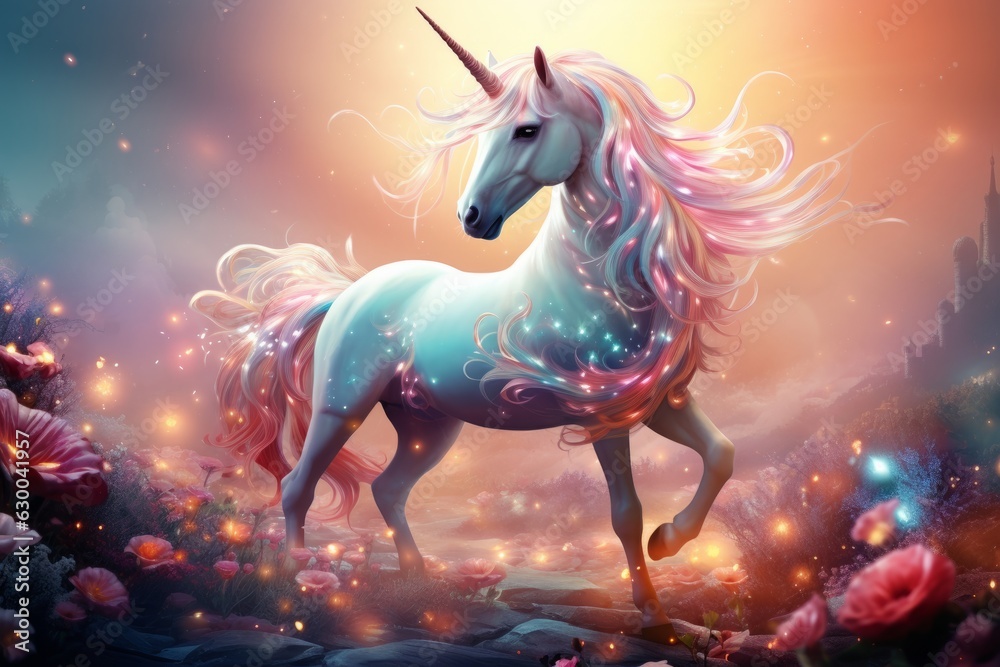 Illustration of a majestic unicorn in a vibrant field of flowers created with Generative AI technology Illustration of a majestic unicorn in a vibrant field of flowers created with Generative AI technology