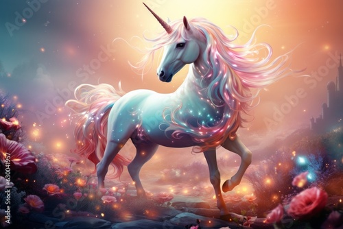 Illustration of a majestic unicorn in a vibrant field of flowers created with Generative AI technology