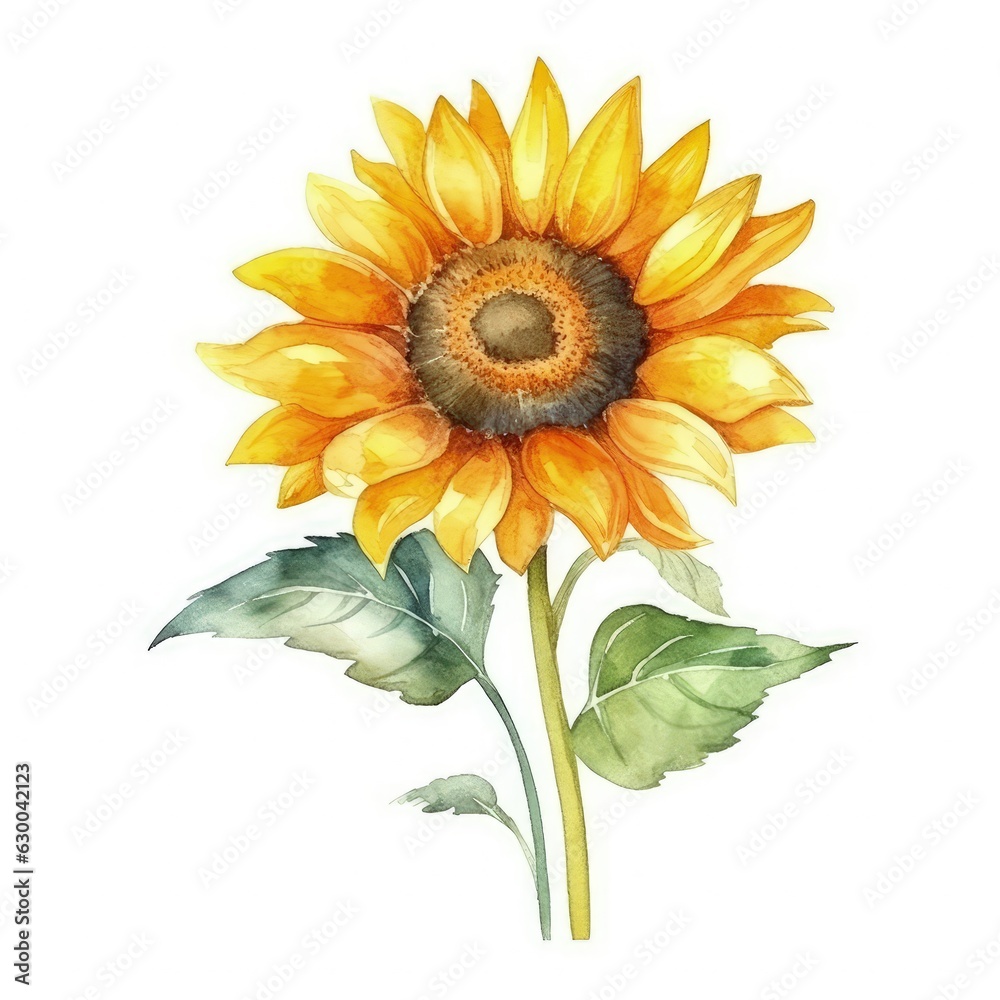 Naklejka premium Watercolor illustration of a vibrant sunflower watercolor painting on a clean white background