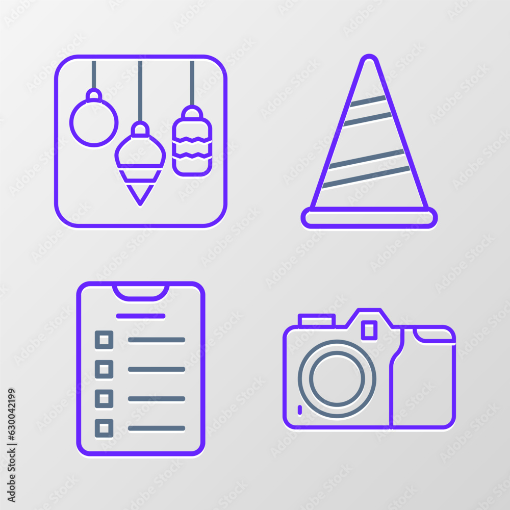 Set line Photo camera, New year goals list, Party hat and Christmas lights icon. Vector Set line Photo camera, New year goals list, Party hat and Christmas lights icon. Vector
