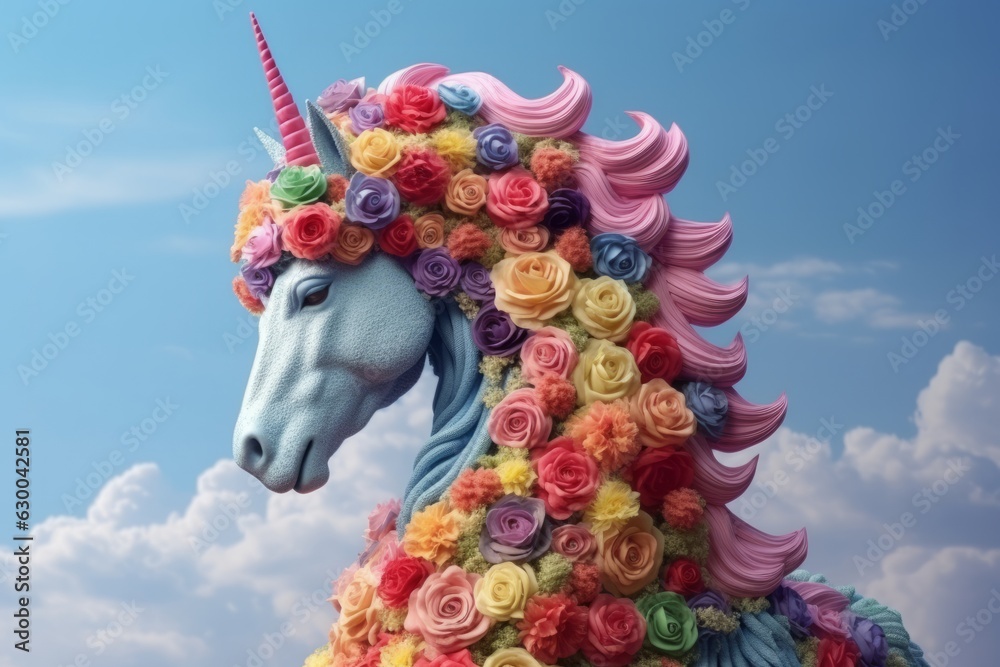 Illustration of a whimsical unicorn made entirely out of vibrant and colorful flowers against a backdrop of dramatic clouds created with Generative AI technology